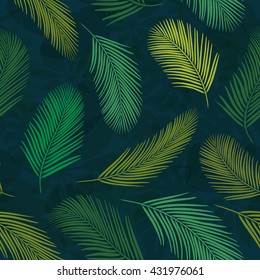 Dark background with palm leaves. Seamless pattern for web, print, wallpaper, wrapping, packaging design, scrapbook, spring summer fashion fabric, textile design. Jungle pattern.
