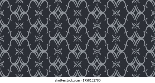 Dark background pattern with decorative elements in gray on a black background. Seamless pattern, texture. Suitable for design book cover, poster, wallpaper, invitation, cards. Vector graphics
