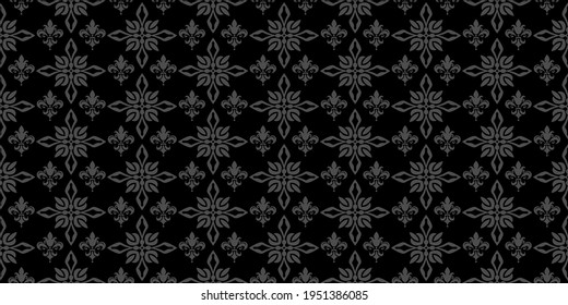 Dark background pattern with floral ornaments on a black background, wallpaper. Seamless pattern, texture for your design. Vector graphics