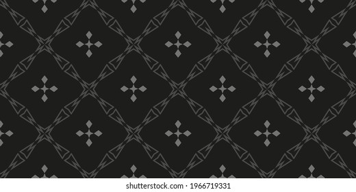 Dark background pattern with geometric ornament on a black background, repeating wallpaper. Seamless pattern, texture. Vector image