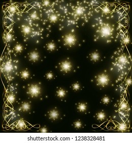dark background with a pattern with hearts and glitterswith falling golden snowflakes frame for greeting cards and decoration, borders for decoration