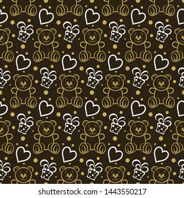 Dark background pattern. Seamless pattern with teddy bear and birthday presents. Cute wallpaper. Vector graphics background