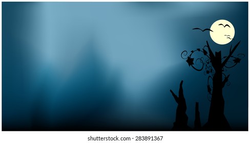 Dark background picture of trees and sky. Birds flying over night in full moon.