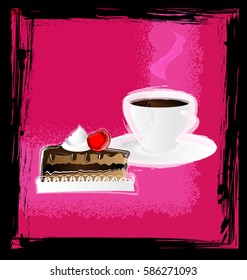 dark background, pink abstract and white cup of coffee or tea with cherry cake