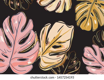 Dark background and pink gold monstera leaves. Vector invitation card template design, with rose gold jungle foliage. Gold glitter elements template