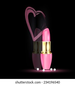 dark background and pink lipstick in mirror with heart