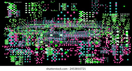 Fondo oscuro con problemas de píxeles y parpadeos. Concepto de Ilustración vectorial de un código de programa roto o daño de malware. 