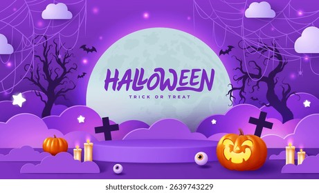 Dark background and podium Halloween banner template on spooky elements. Perfect as website background or Halloween themed banner design.