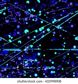 Dark background, polka dots with straight thin lines and scratches. Randomly mixed. Transparency, overlay, overlap. Easy editing. Seamless abstract vector pattern.