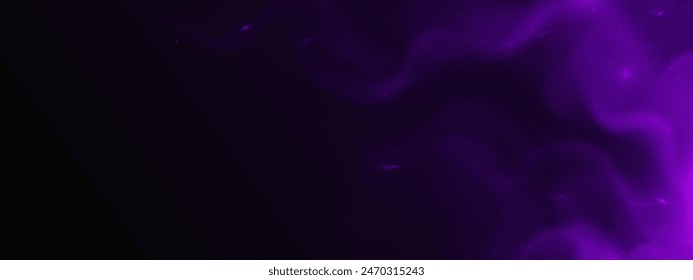 Dark background with purple smoke cloud and bright flying sparks. Realistic 3d vector illustration of black abstract bg with magic dust particle and fog. Magic wizard haze with glitter sparkle.