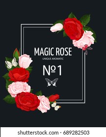 Dark background with realistic pink and red roses. Vector floral collection. Colorful design elements for for illustrations, greeting cards and wedding invitations.