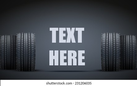 Dark Background of Realistic rubber tires and spikes banner. Front view. Space for text. Vector Illustration. Tire background, wheel background, tire banner, wheel banner.