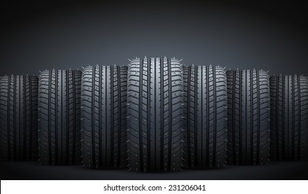 Dark Background of Realistic rubber tires and spikes banner. Front view. Vector Illustration.