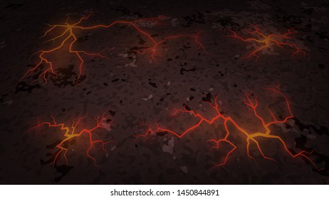 Dark background with red cracks in the ground, faults with magma, power