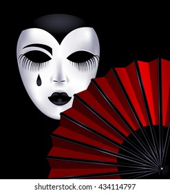 dark background and the red fan with white mask