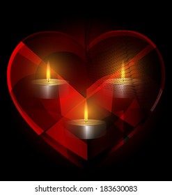 dark background and red heart-crystal with three candles inside
