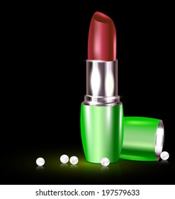 dark background and red lipstick in green with pearls