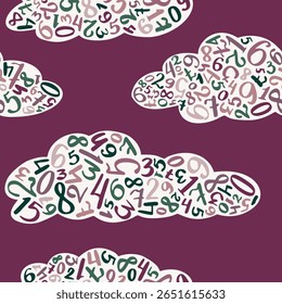 Dark background repeat with whimsical clouds filled with colorful digits, great for notebooks or fabric prints