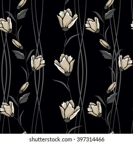 Dark background of repeating graceful flowers, leaves, branches and lines forming a seamless pattern.