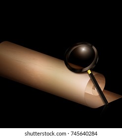 dark background, retro stylized scroll of paper and black magnifying glass