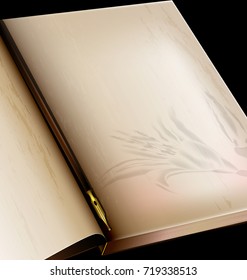 dark background, retro stylized sheet of paper old book with image of lily and vintage-fashioned golden writing pen