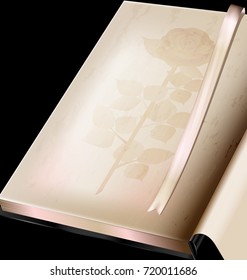 dark background, retro stylized sheet of paper old book with image of lrose and tape bookmark