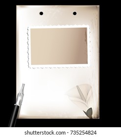 dark background, retro stylized sheet of paper with image of calla and vintage-fashioned silver writing pen
