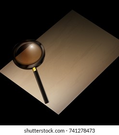 dark background, retro stylized sheet of paper and black magnifying glass