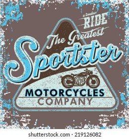 Dark background retro t-shirt print design with a cool motorcycle graphic. Vintage poster design with blue typography