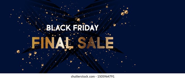 Dark background Sale Black Friday gold inscription banner. Gold sparkles on a black background