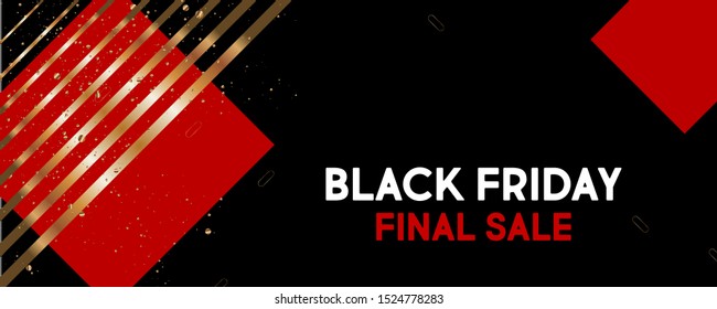 Dark background Sale Black Friday gold red inscription banner. Gold sparkles on a black background