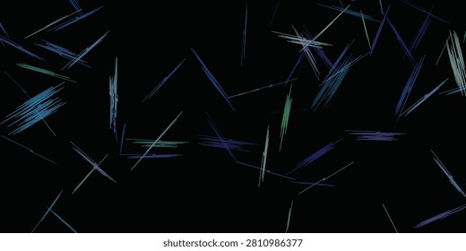dark background with scattered abstract lines in blue green and purple colors creating dynamic digital shapes for design