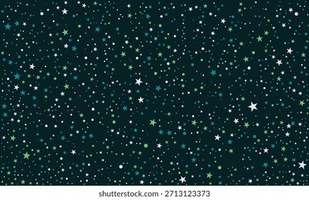 Fondo oscuro con estrellas verdes, blancas y azules dispersas. Patrón celestial denso para el espacio, astronomía, cósmico, fantasía, cielo nocturno, educativo, decorativo, diseño del Fondo de pantalla del universo