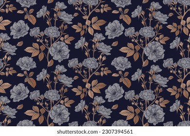 Fondo oscuro. Patrón floral sin foco. Hojas, ramas y flores de pequeñas rosas decorativas. Ilustración de arte vectorial. Plantilla para textiles, papel, papel pintado. Vintage.