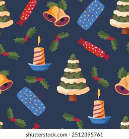 Dark background seamless pattern with Christmas trees, bells, and candles in a flat style vector. Ideal for festive decorations and holiday-themed designs.