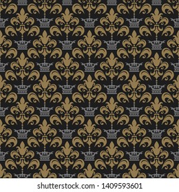Dark background, seamless pattern with crowns and floral patterns in the vintage style, wallpaper texture background image, vector illustration