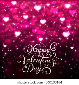 Dark background with shiny pink hearts and stars, holiday lettering Happy Valentines Day, illustration.