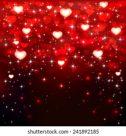 Dark background with shiny red hearts and stars, illustration.