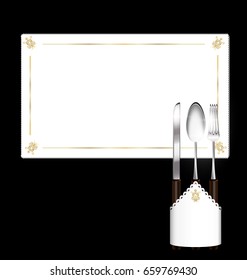 dark background, small sheet of white paper and napkin with khife, spoon, fork