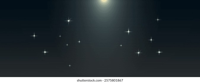 A dark background with a smooth gradient, featuring a glowing light and scattered stars. The background is dark and starry. Sky background vector. Black background.