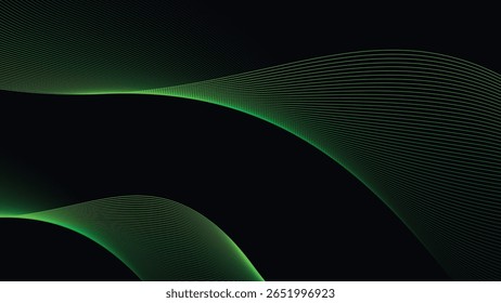 Fondo oscuro con patrón de línea de curva verde suave para un diseño futurista, elegante e inspirado en la tecnología