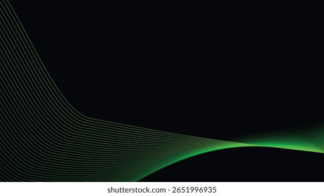 Plano de fundo escuro com padrão de linha de curva verde suave para design futurista, elegante e inspirado na tecnologia