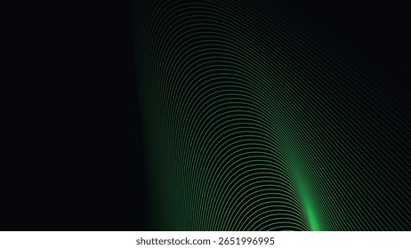 Plano de fundo escuro com padrão de linha de curva verde suave para design futurista, elegante e inspirado na tecnologia