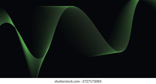 Plano de fundo escuro com padrão de linha de curva verde suave para design futurista, elegante e inspirado na tecnologia