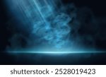 A dark background with soft blue smoke and light rays emanating from above, creating a mystical and atmospheric effect. The scene is ideal for backgrounds or abstract designs.