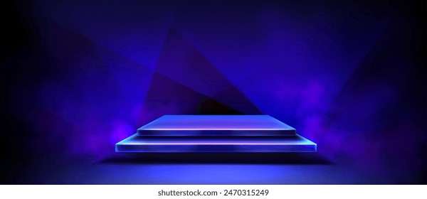 Dark background with square product podium in studio room interior with blue neon light. Realistic 3d vector goods display flying platform for game ui design. Floating in air showcase stage.