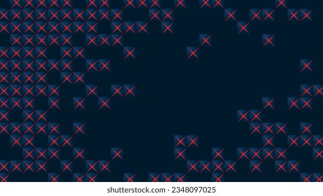 Dark background with squares and crosses as the main elements.