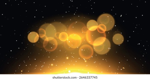 fundo escuro com estrelas, no qual os círculos dourados são desfocados, assemelhando-se a um efeito bokeh com um brilho dourado brilhante, criando uma atmosfera cósmica ou efeito de luz solar