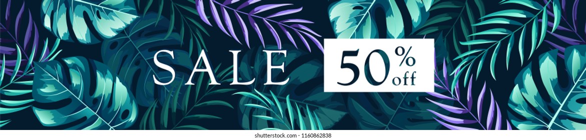 Dark background with summer monstera and jungle leaves. Summer sale banner