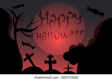 Dark background of sunset and graveyard for Halloween with crosses and bats